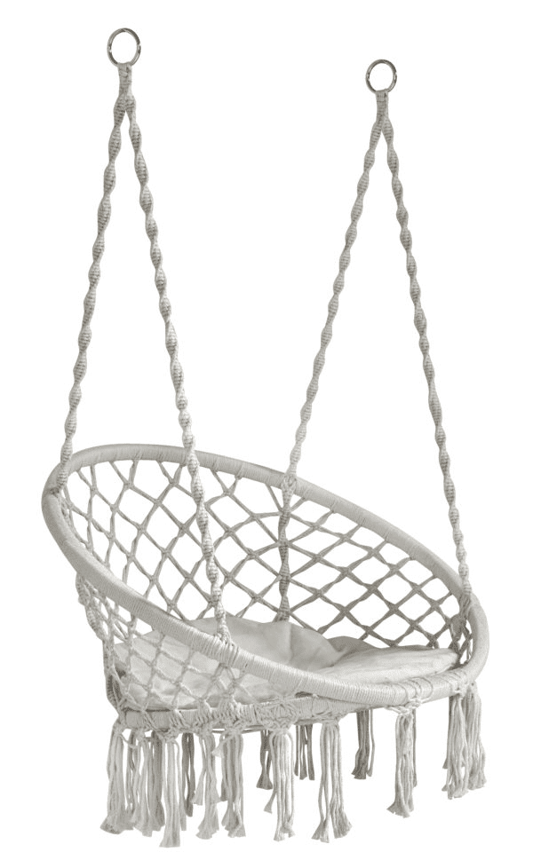 Altalena in corda e cuscino MOIA in color naturale con seduta con frange