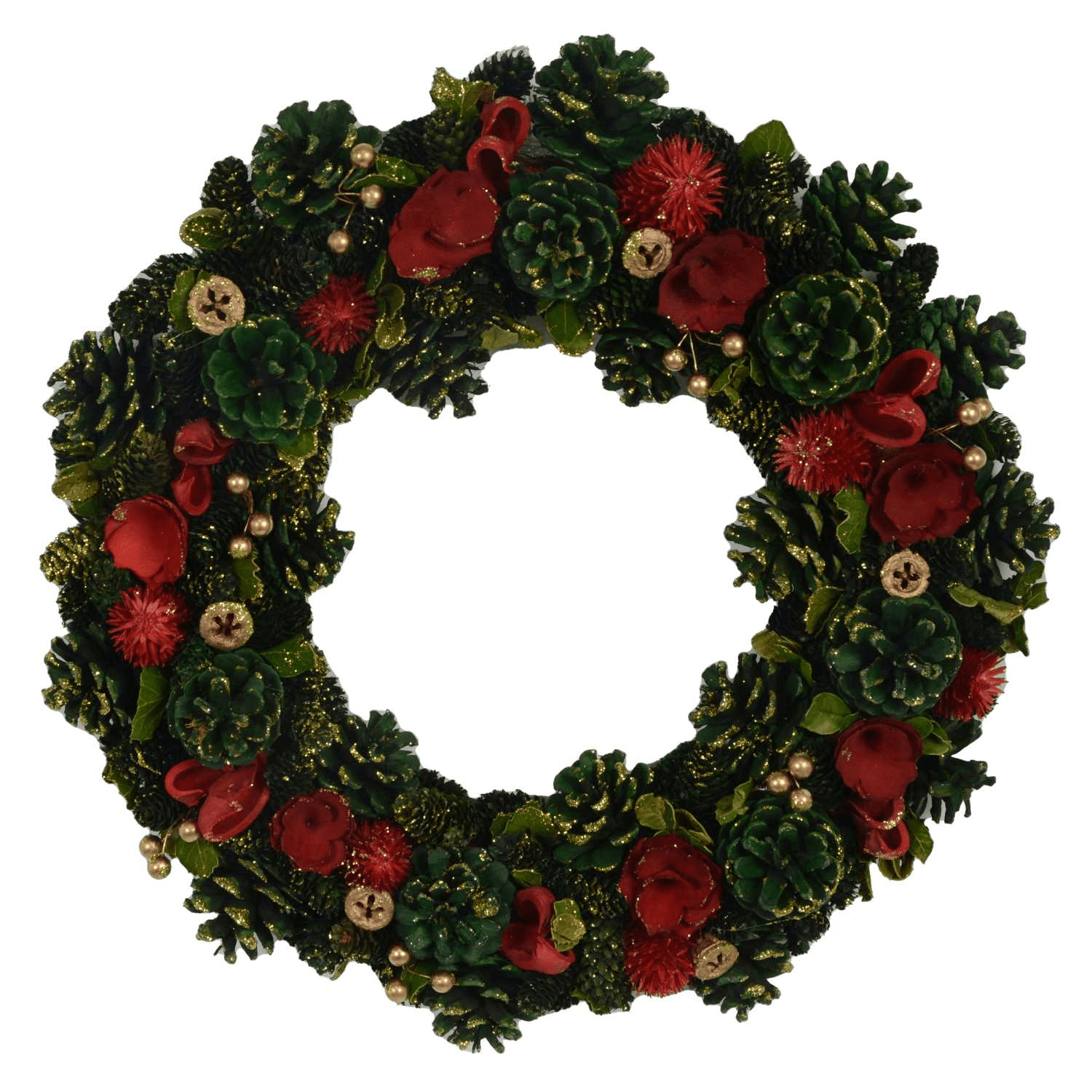 Coroncina con fiori rosso e pigne verdecm ø45h8